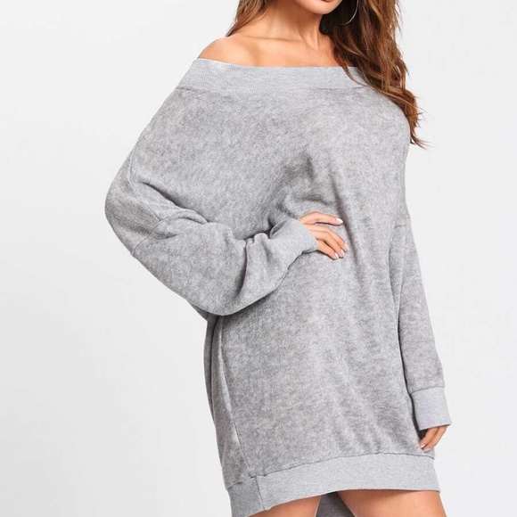 oversized grey off shoulder knit sweater dress - Picture 2 of 6